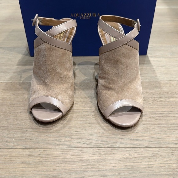 Aquazzura Tan Suede Peep-toe Stiletto Heels - Picture 3 of 6